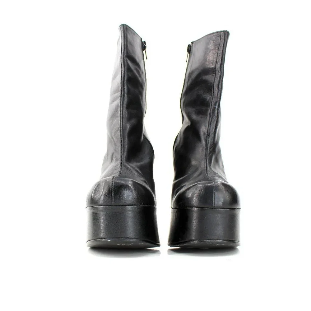 Luichiny Black Leather Platform Ankle Boots Round Toe Spool Heel Spain 37